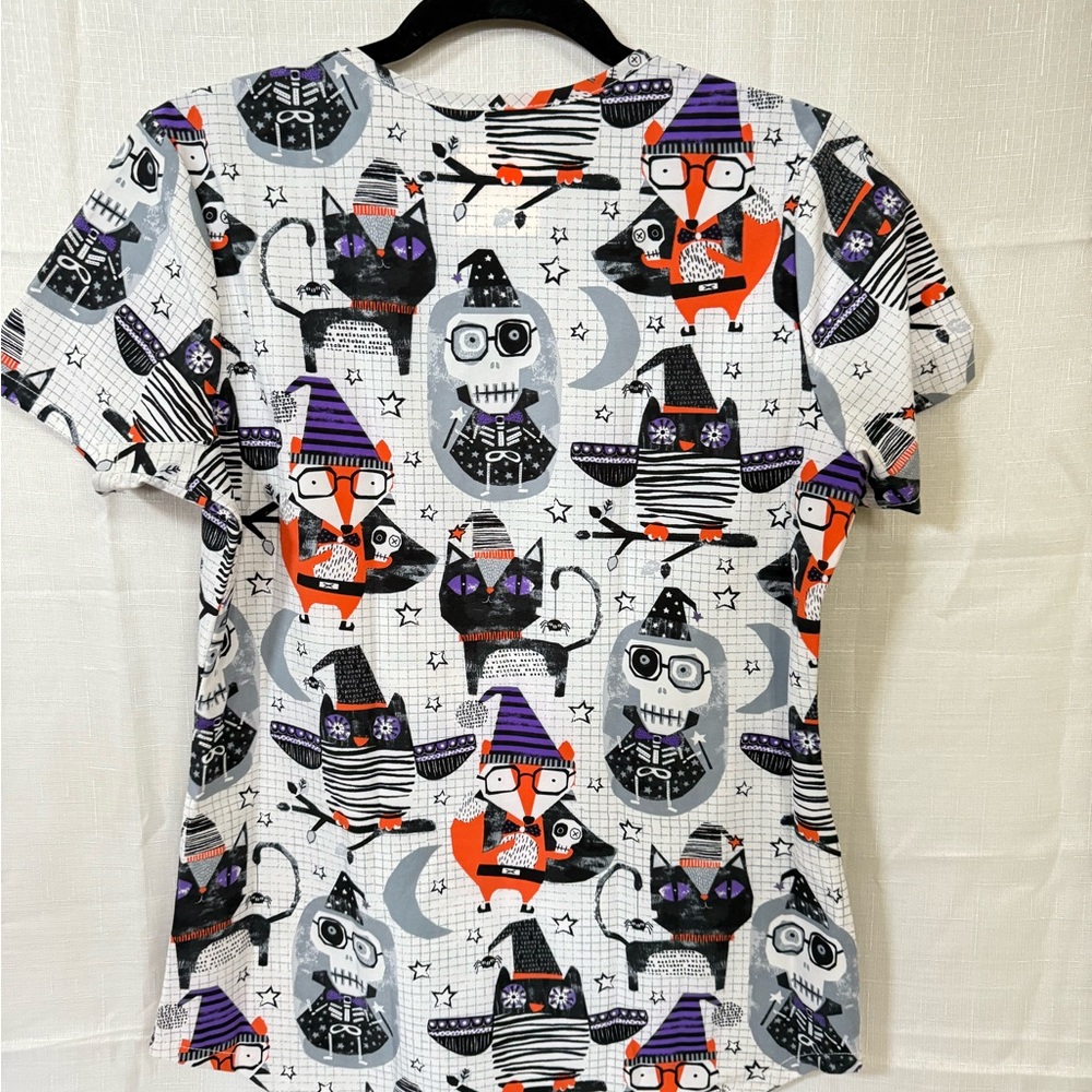 Cherokee Halloween Graphic Scrub Top - Black, Orange, Purple - Picture 2 of 2